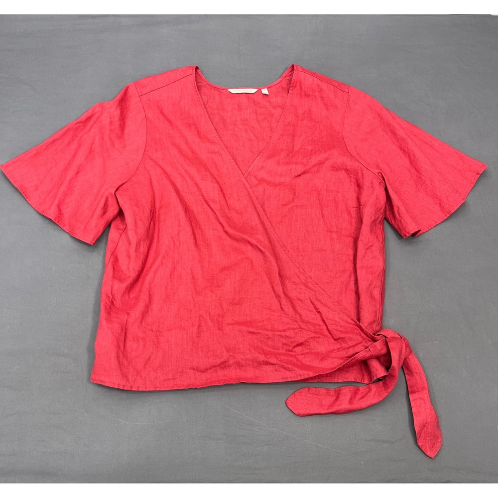 Soft Surroundings‎ Avonia Red 100% Linen Wrap Top Short Sleeve V-Neck Blouse XL